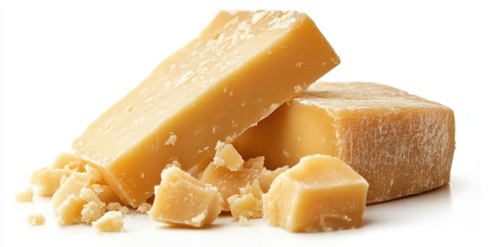 Freshly cut cheese blocks with crumbles on a clean white surface